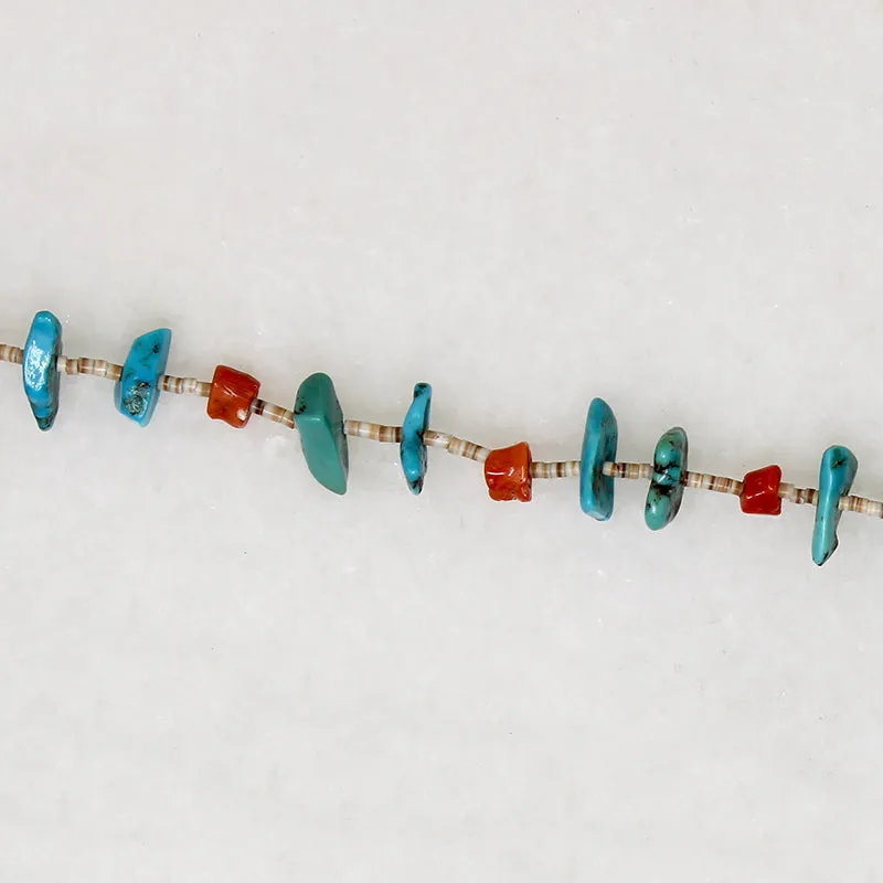 Long Turquoise, Coral & Heishi Bead Necklace