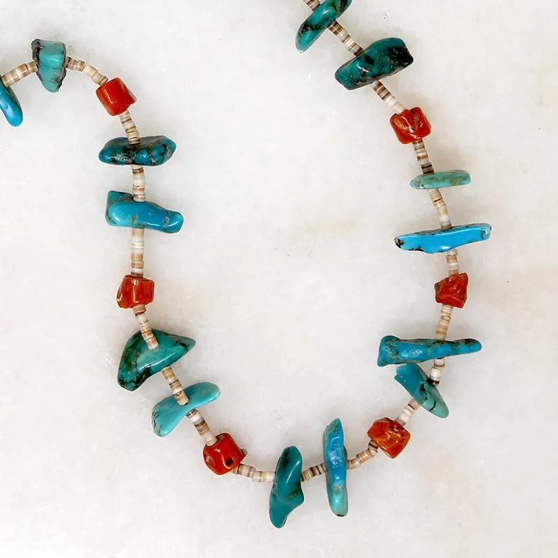 Long Turquoise, Coral & Heishi Bead Necklace