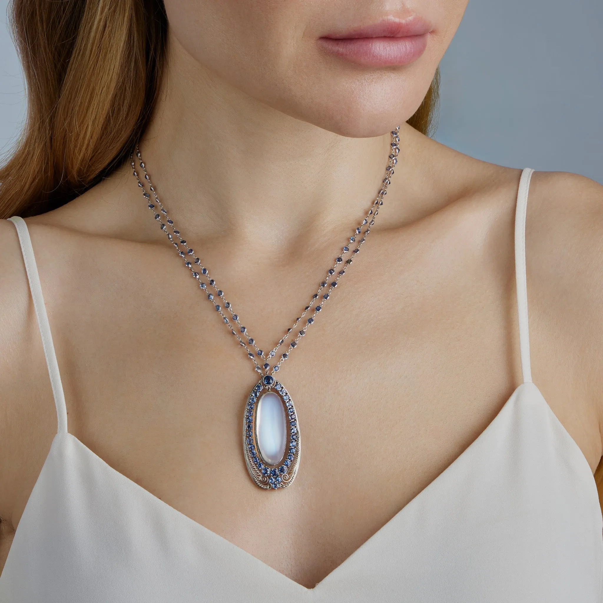 Louis Comfort Tiffany for Tiffany & Co. Moonstone and Sapphire Pendant Necklace