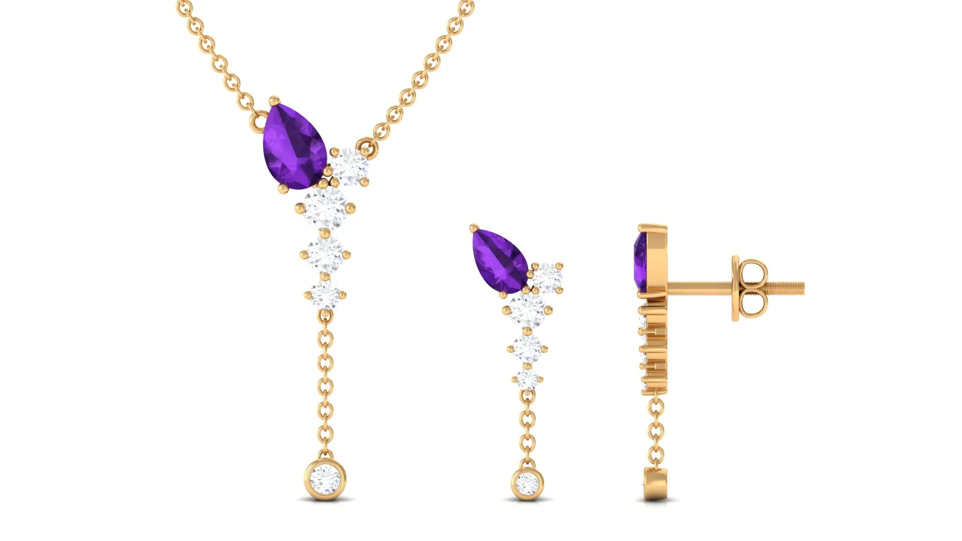 Minimal Dangle Necklace Earrings Set with Amethyst and Moissanite