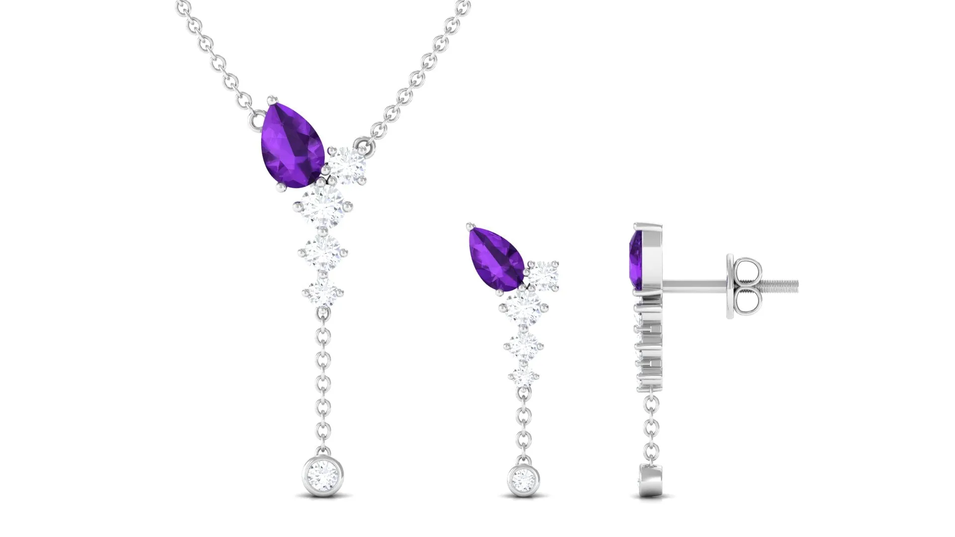 Minimal Dangle Necklace Earrings Set with Amethyst and Moissanite