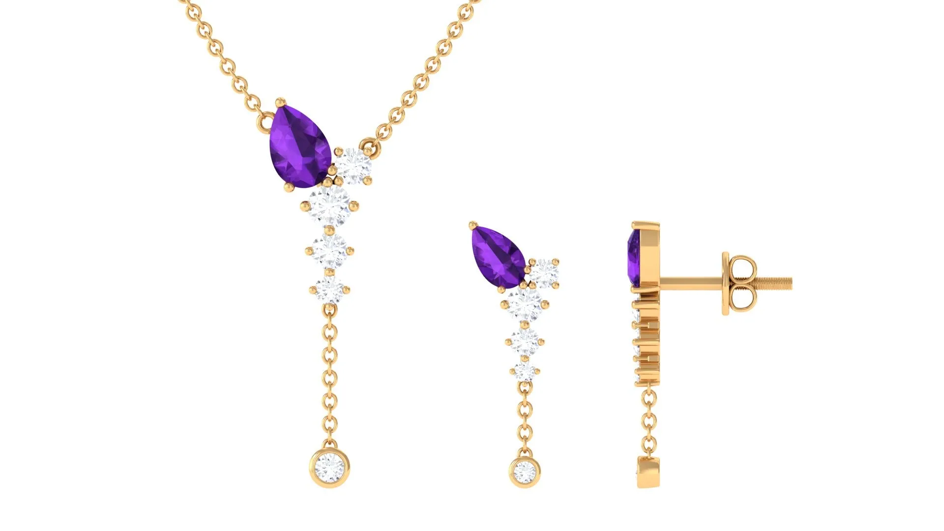 Minimal Dangle Necklace Earrings Set with Amethyst and Moissanite