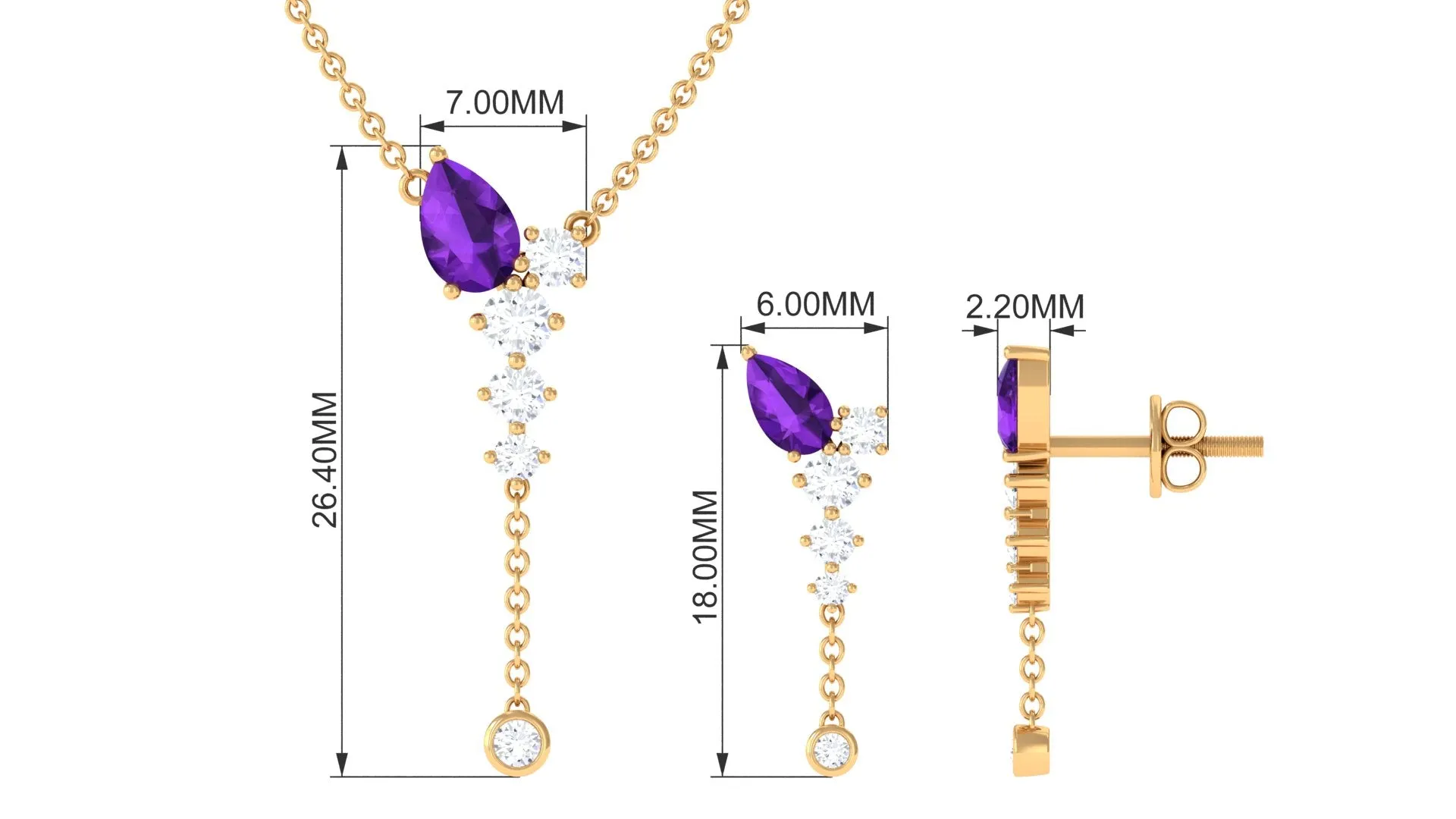 Minimal Dangle Necklace Earrings Set with Amethyst and Moissanite
