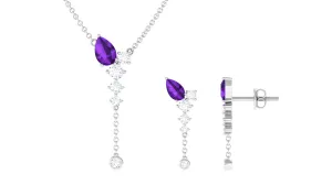 Minimal Dangle Necklace Earrings Set with Amethyst and Moissanite
