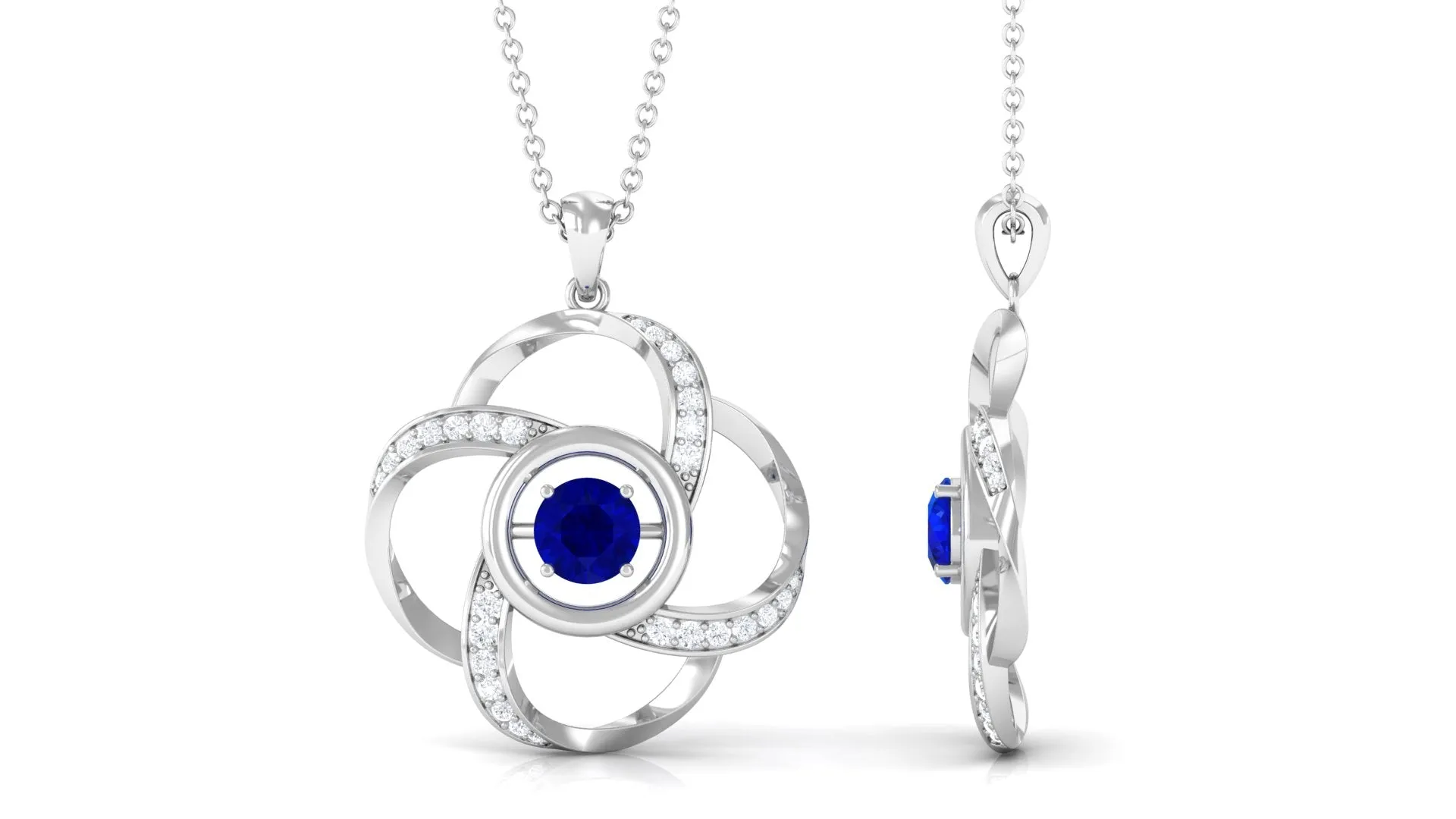Modern Flower Pendant with Round Created Blue Sapphire and Diamond