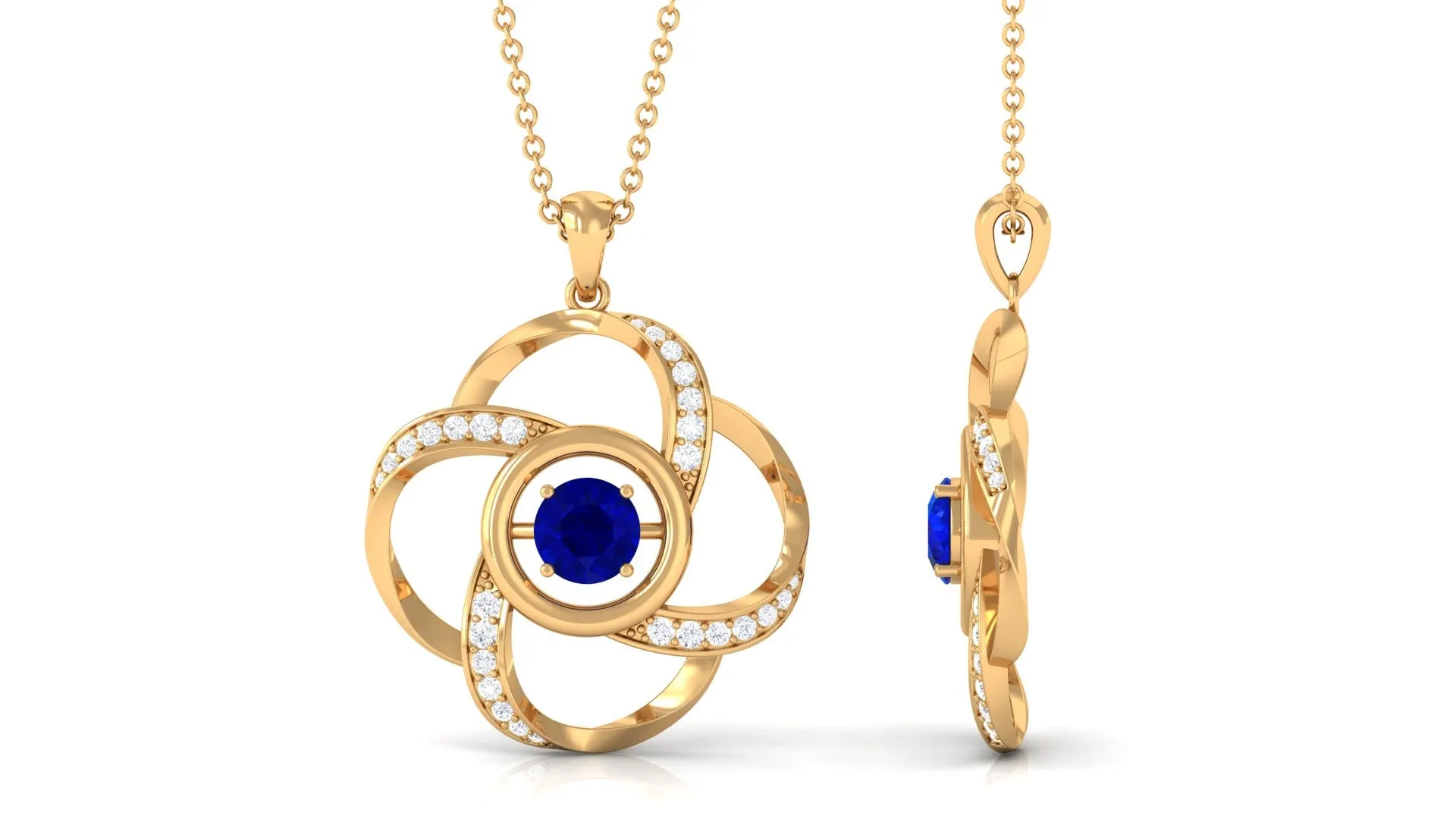 Modern Flower Pendant with Round Created Blue Sapphire and Diamond