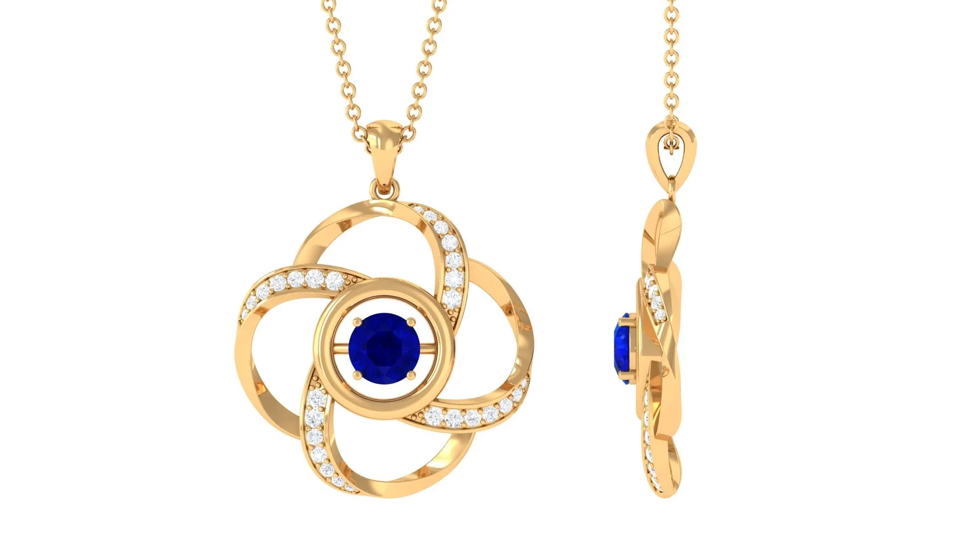 Modern Flower Pendant with Round Created Blue Sapphire and Diamond