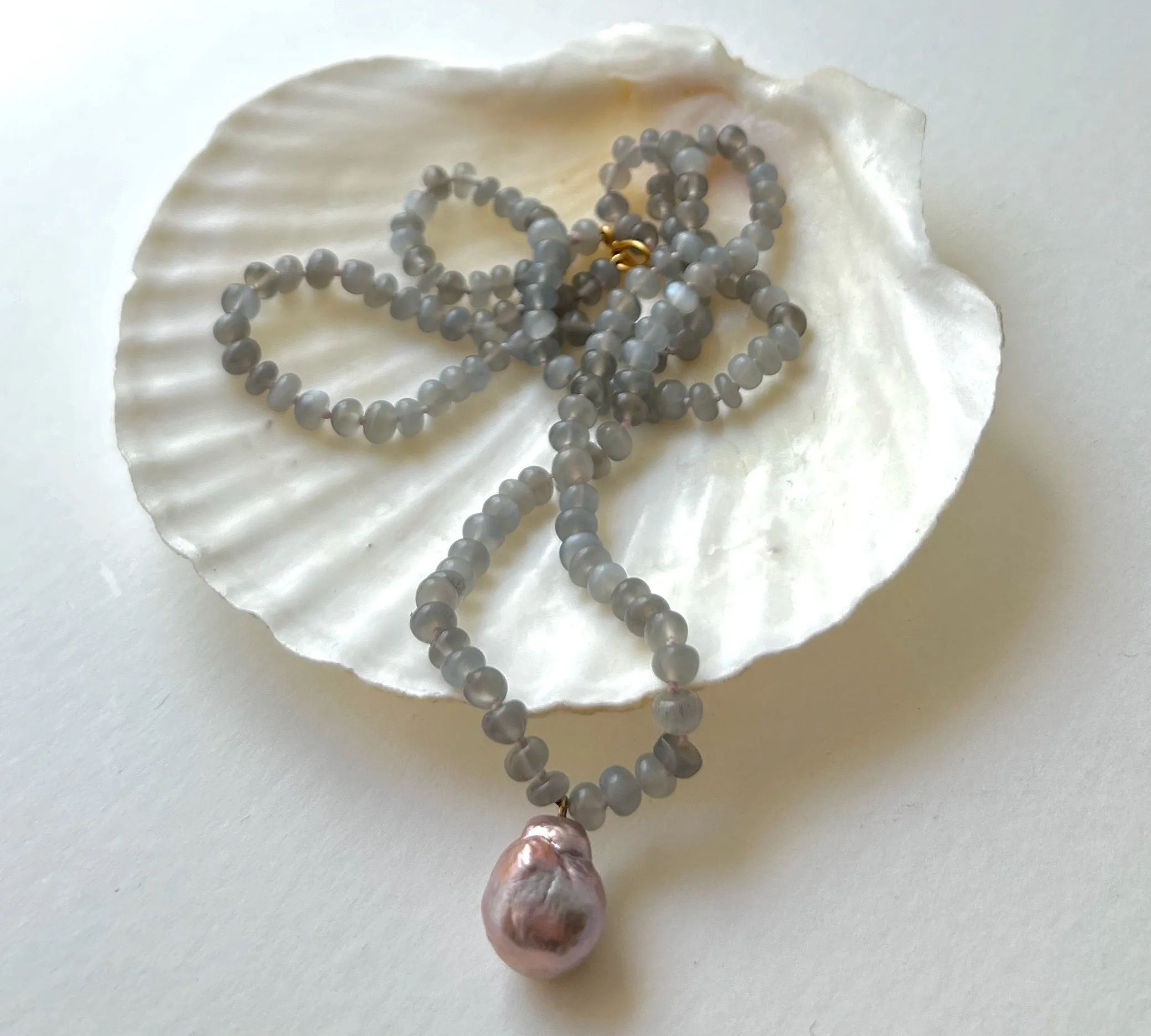 MOONSTONE NATURAL COLOR LARGE KASUMI PEARL 22" NECKLACE WITH GOLD VERMEIL