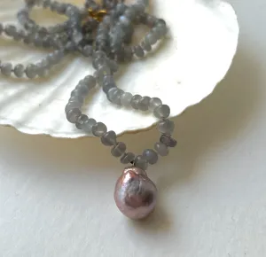 MOONSTONE NATURAL COLOR LARGE KASUMI PEARL 22" NECKLACE WITH GOLD VERMEIL