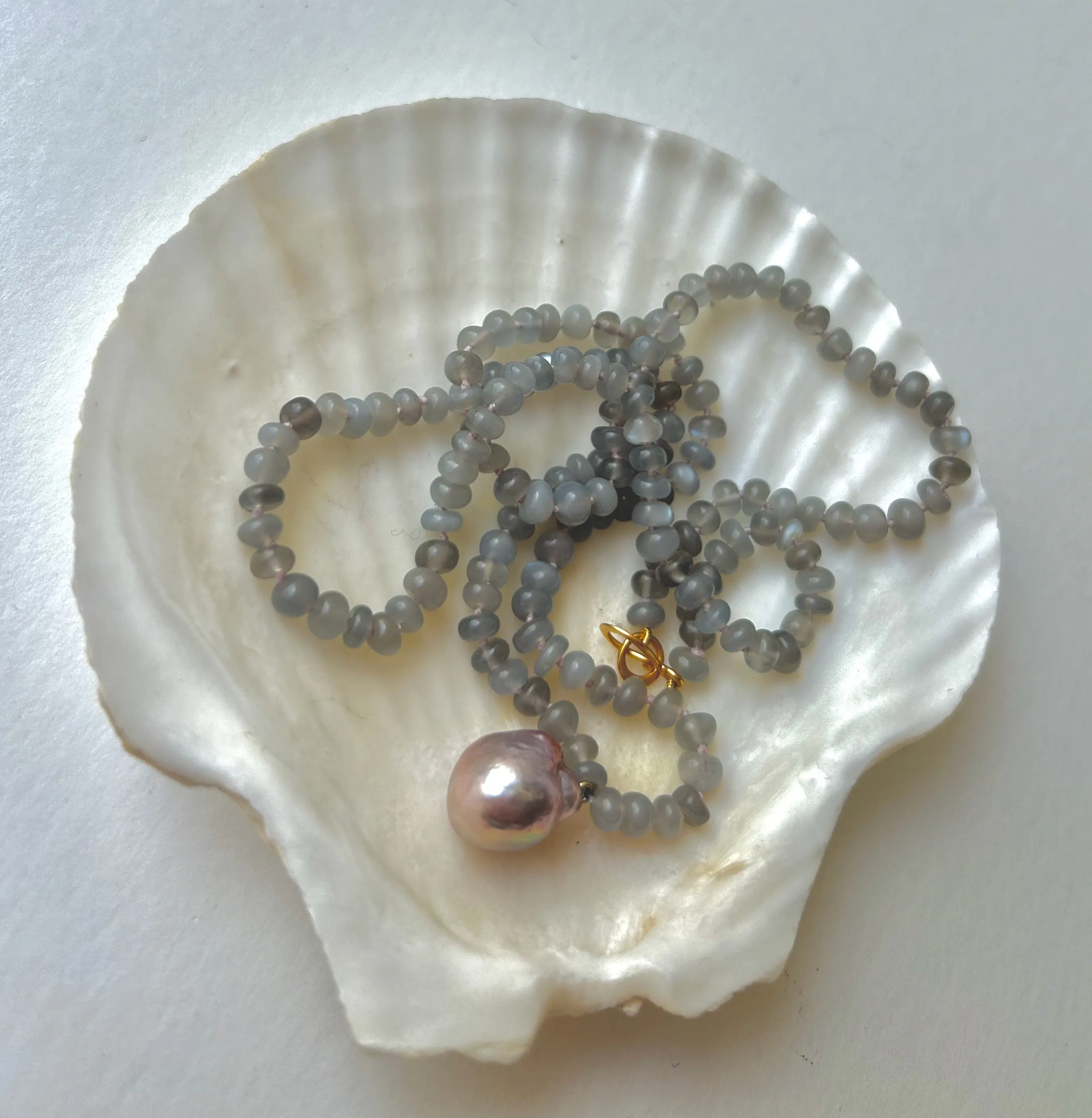 MOONSTONE NATURAL COLOR LARGE KASUMI PEARL 22" NECKLACE WITH GOLD VERMEIL