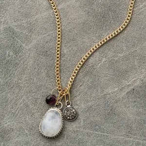 Moonstone Necklace with Red Garnet and Diamond Disc