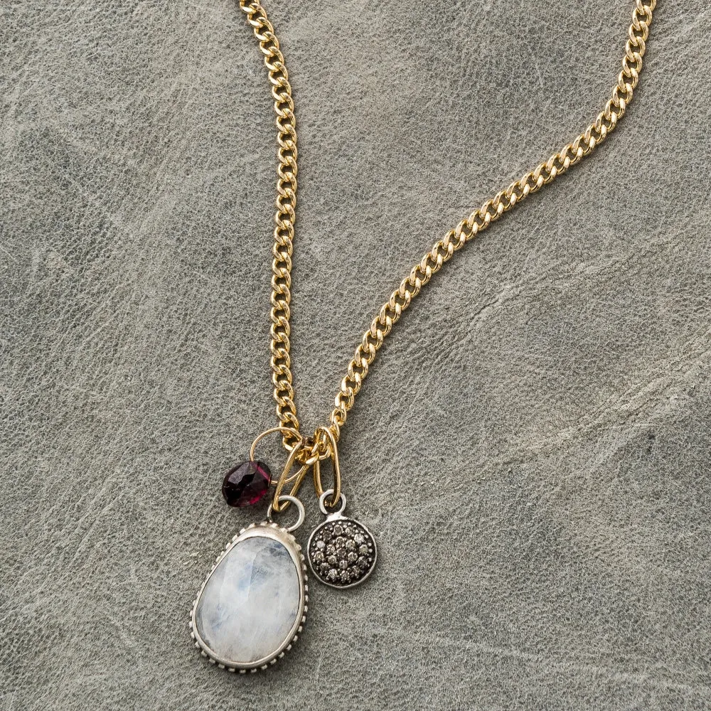 Moonstone Necklace with Red Garnet and Diamond Disc