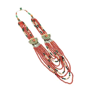 Multi Strand  Turquoise, Coral Necklace from Nepal, Ethnic Gemstone Neckpiece, Tribal Fusion Gypsy Jewelry, Vintage Coral Beads Necklace