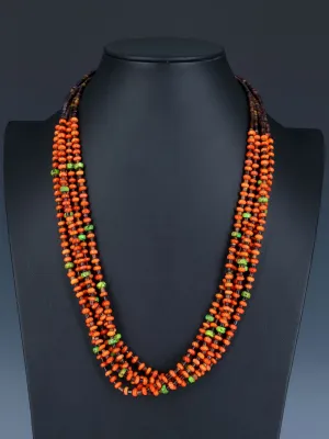 Native American Apple Coral and Heishi Five Strand Necklace
