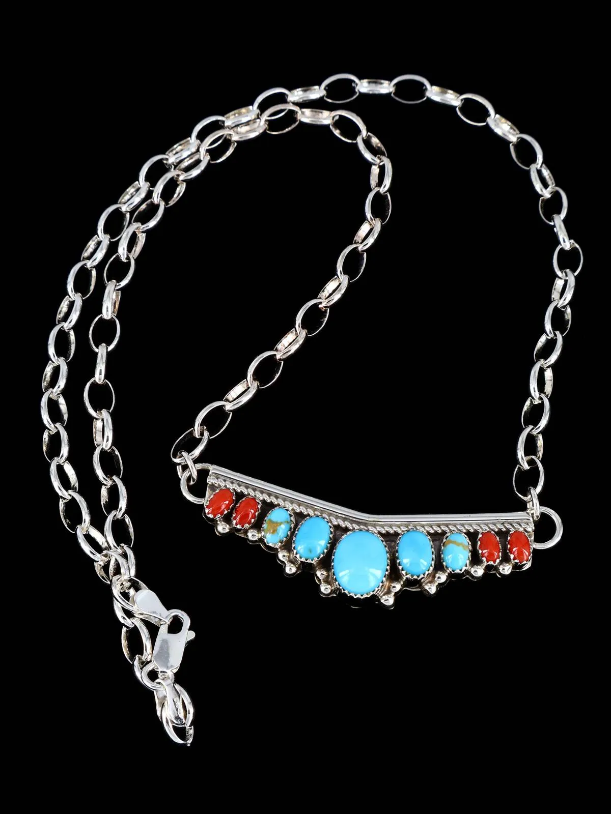 Navajo Turquoise and Coral Link Chain Necklace