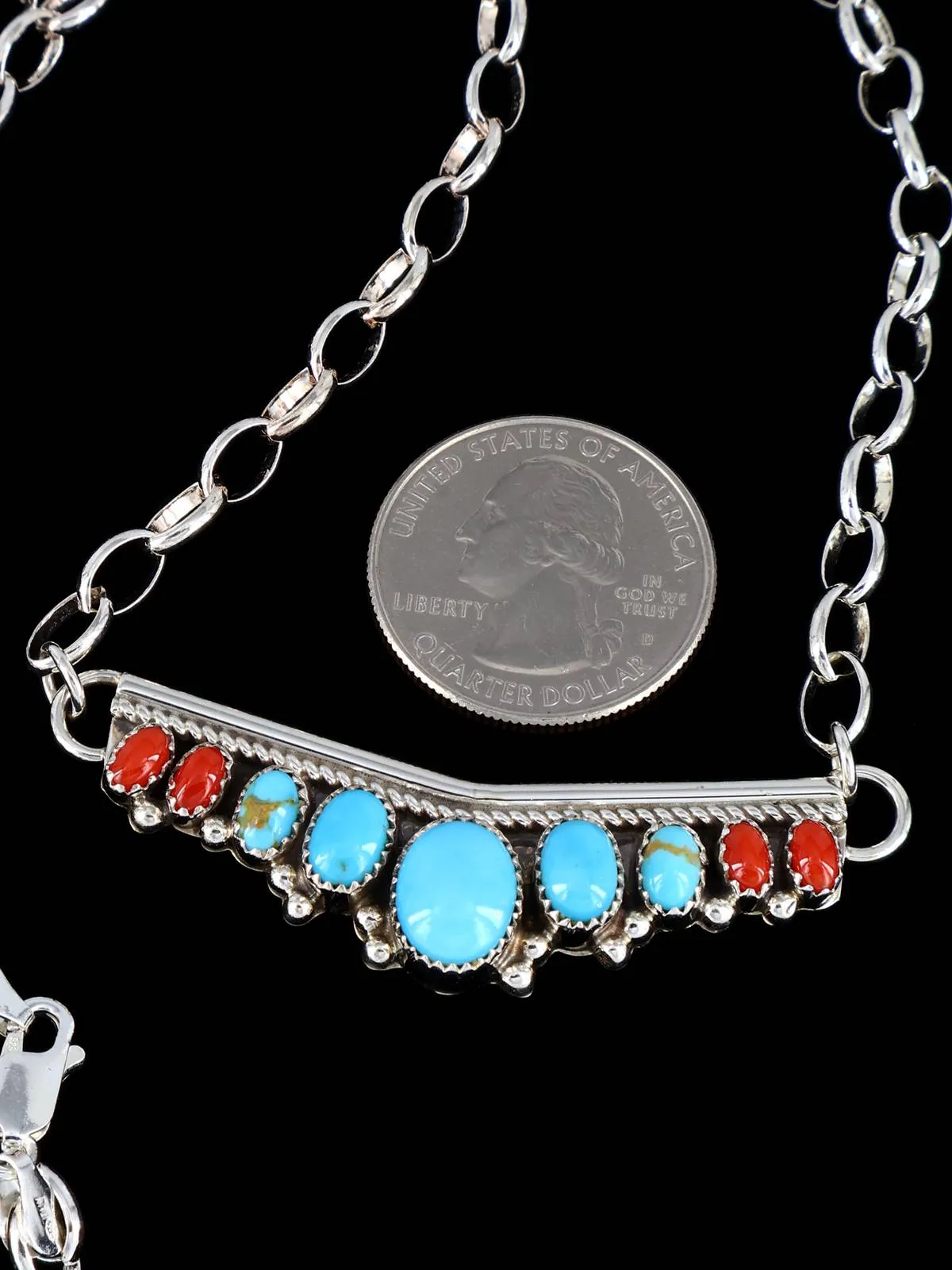 Navajo Turquoise and Coral Link Chain Necklace