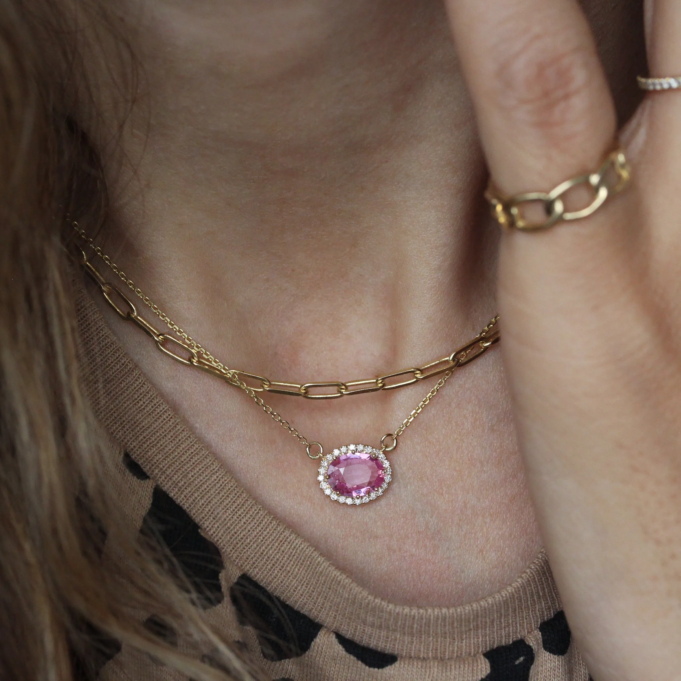 Oval Pink Sapphire Halo Pendant Necklace