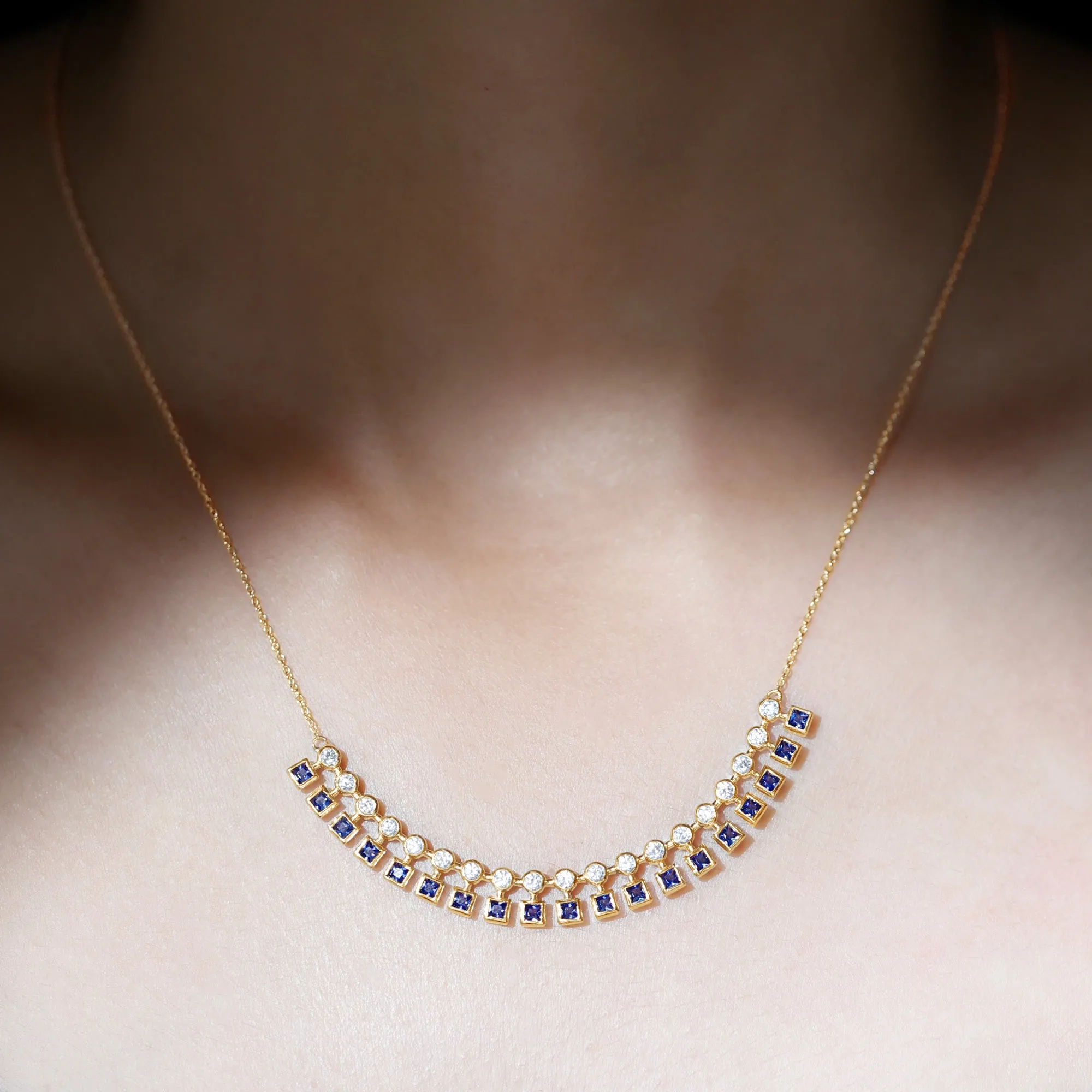 Princess Cut Created Blue Sapphire Statement Necklace with Zircon