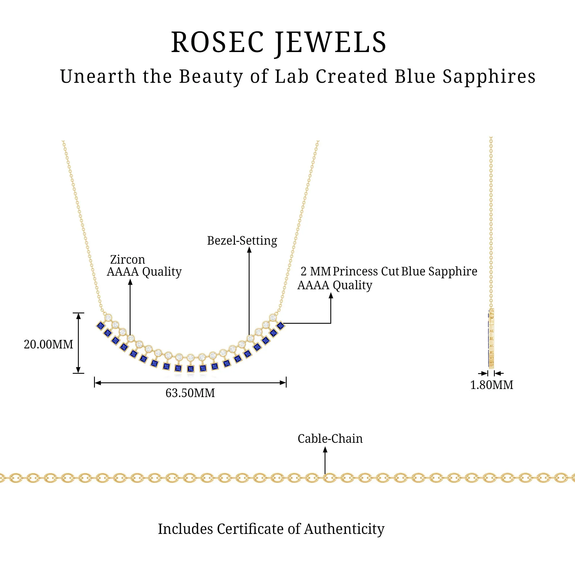 Princess Cut Created Blue Sapphire Statement Necklace with Zircon