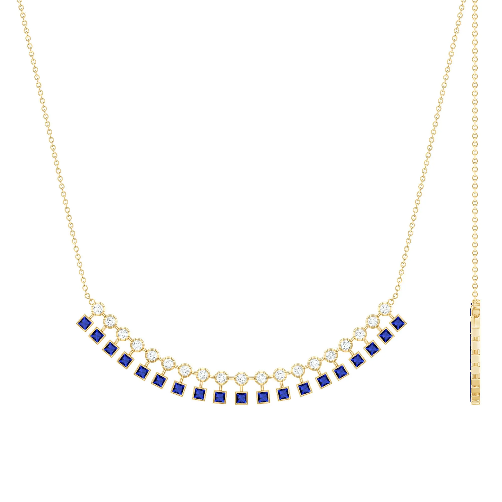 Princess Cut Created Blue Sapphire Statement Necklace with Zircon