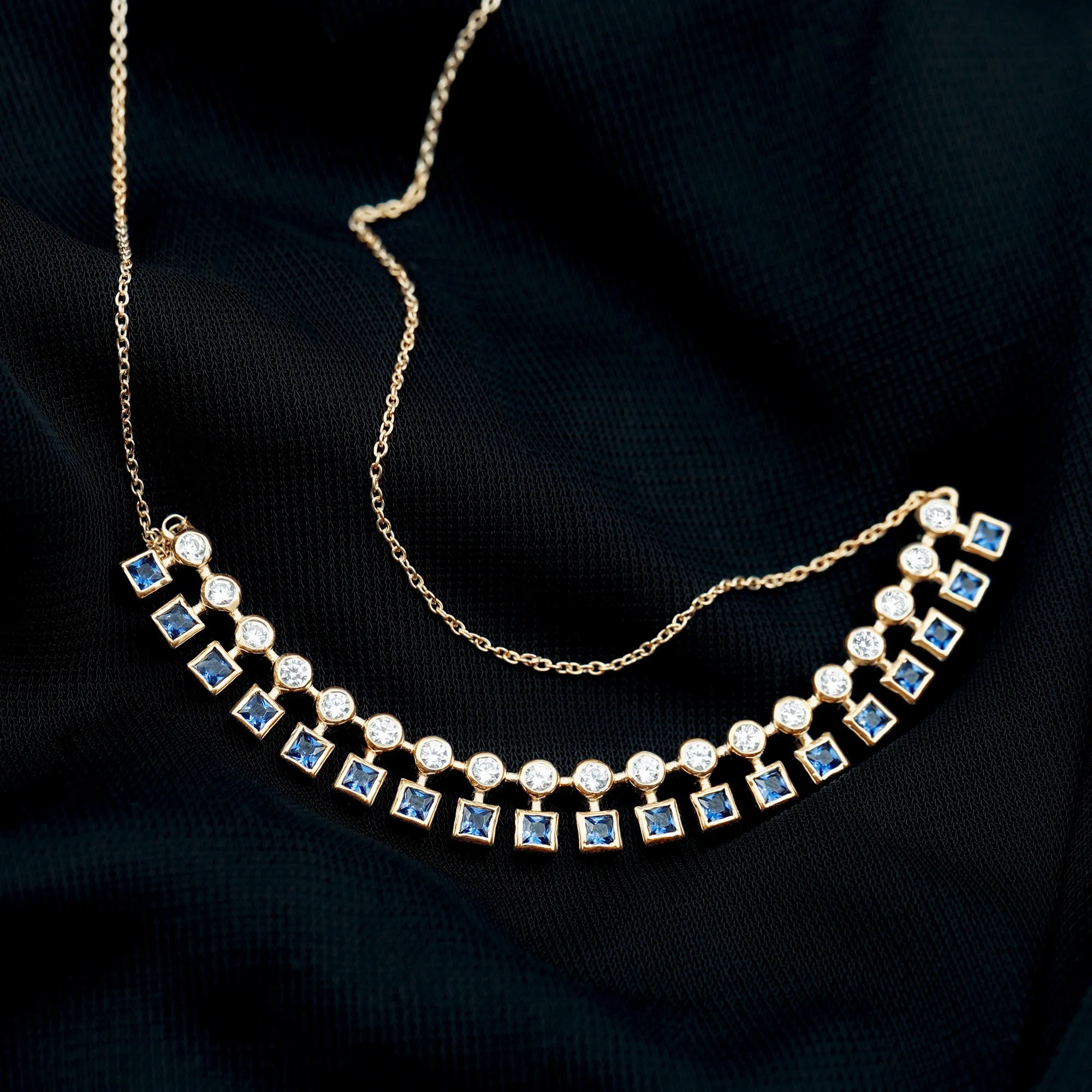 Princess Cut Created Blue Sapphire Statement Necklace with Zircon
