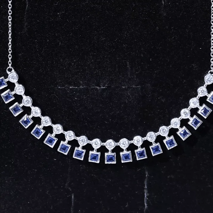 Princess Cut Created Blue Sapphire Statement Necklace with Zircon