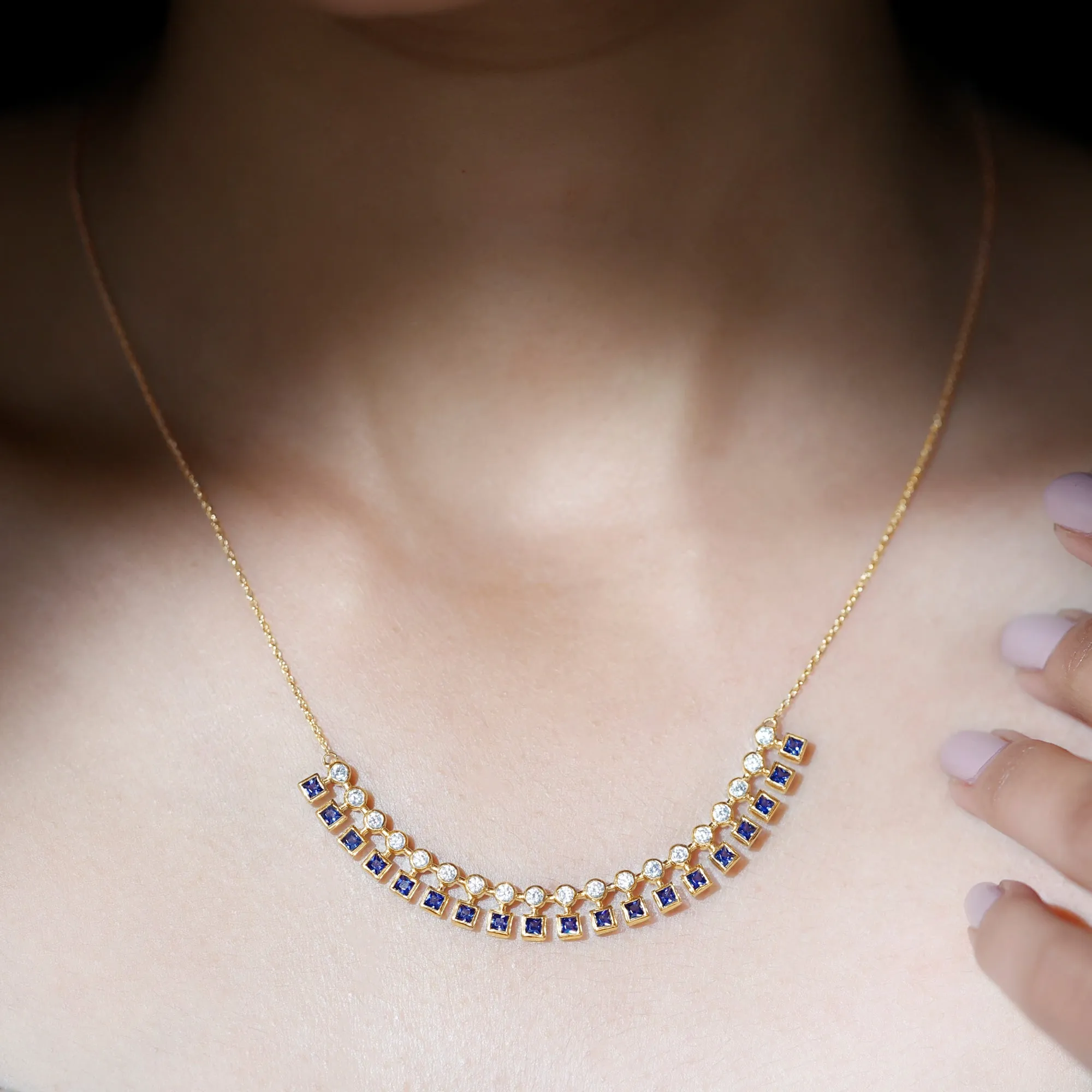 Princess Cut Created Blue Sapphire Statement Necklace with Zircon