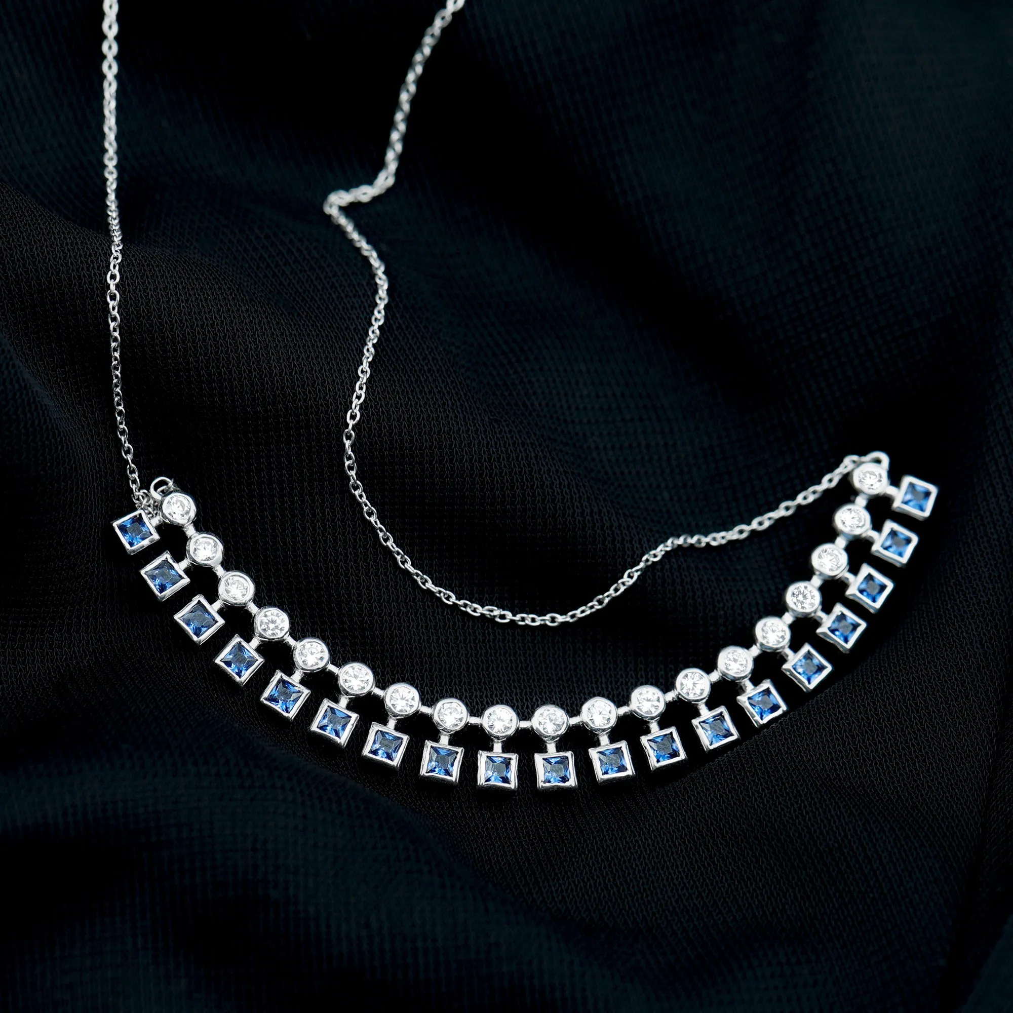 Princess Cut Created Blue Sapphire Statement Necklace with Zircon