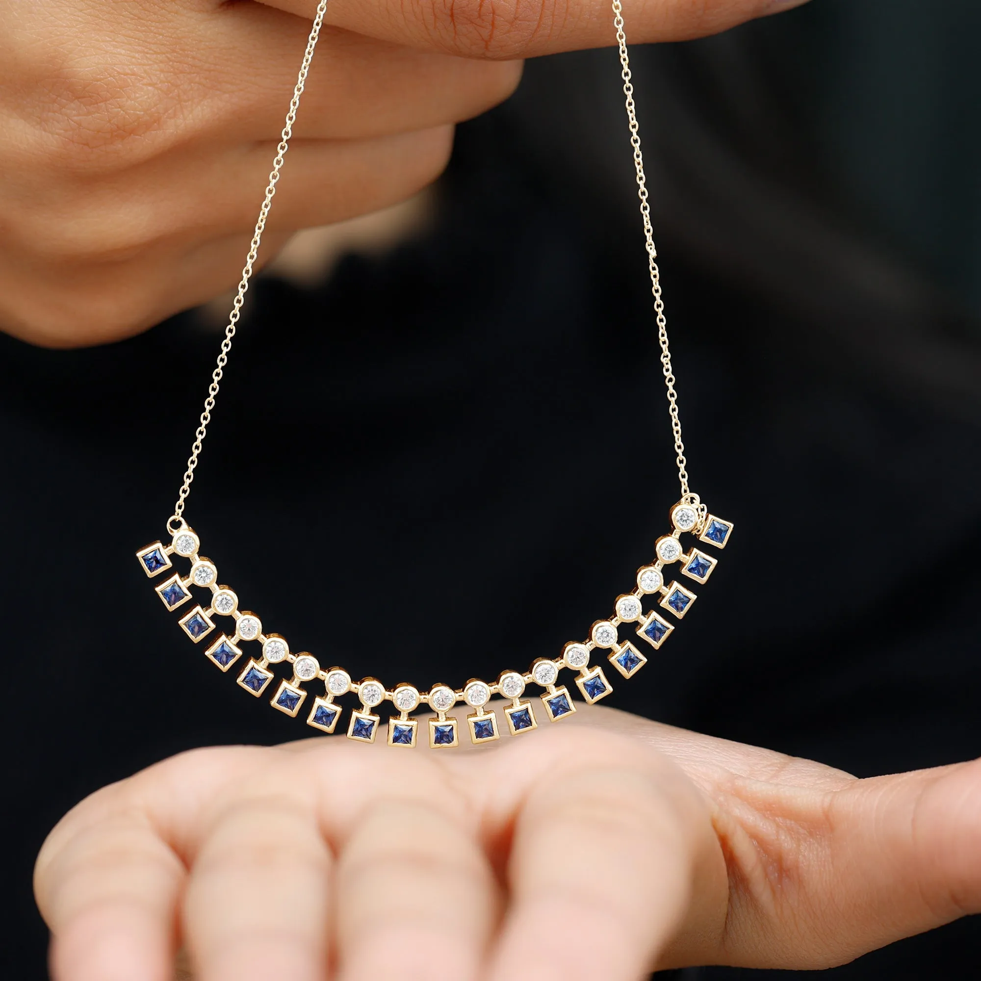 Princess Cut Created Blue Sapphire Statement Necklace with Zircon