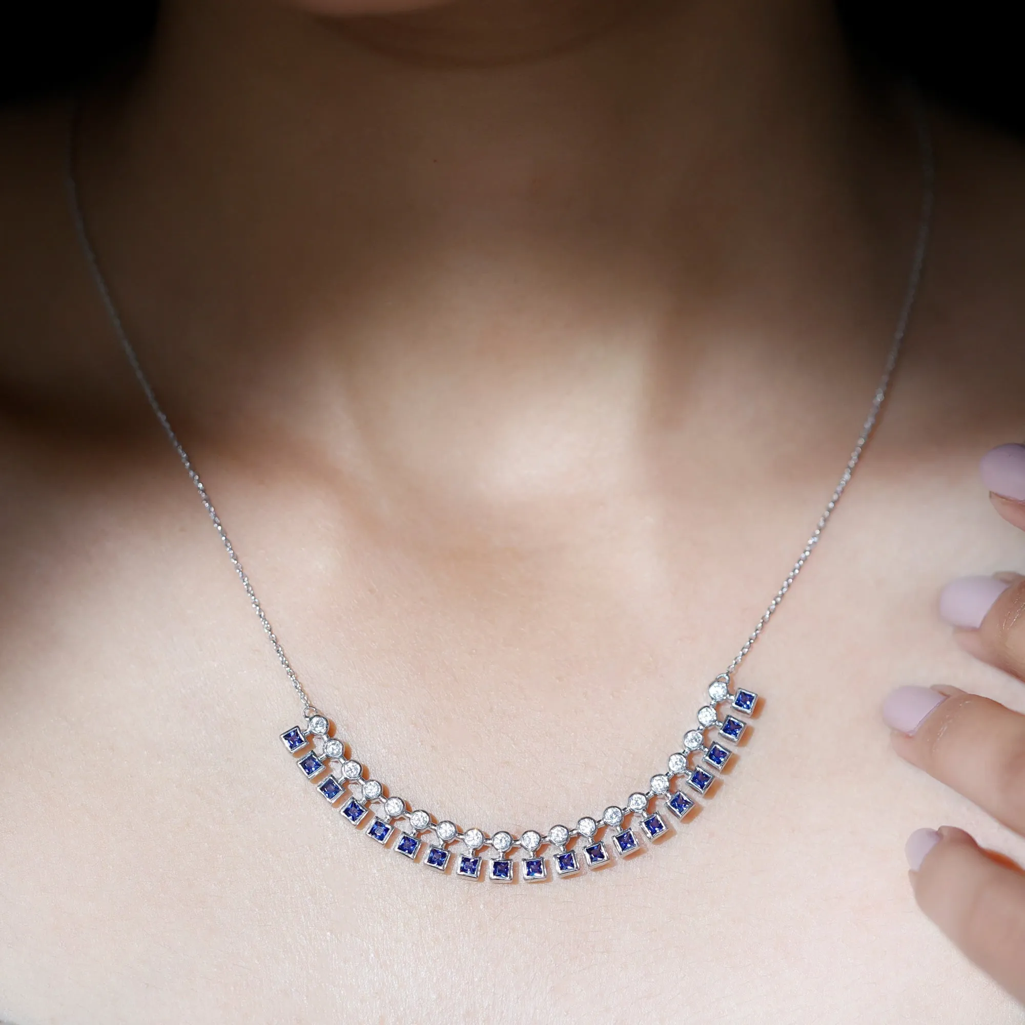 Princess Cut Created Blue Sapphire Statement Necklace with Zircon
