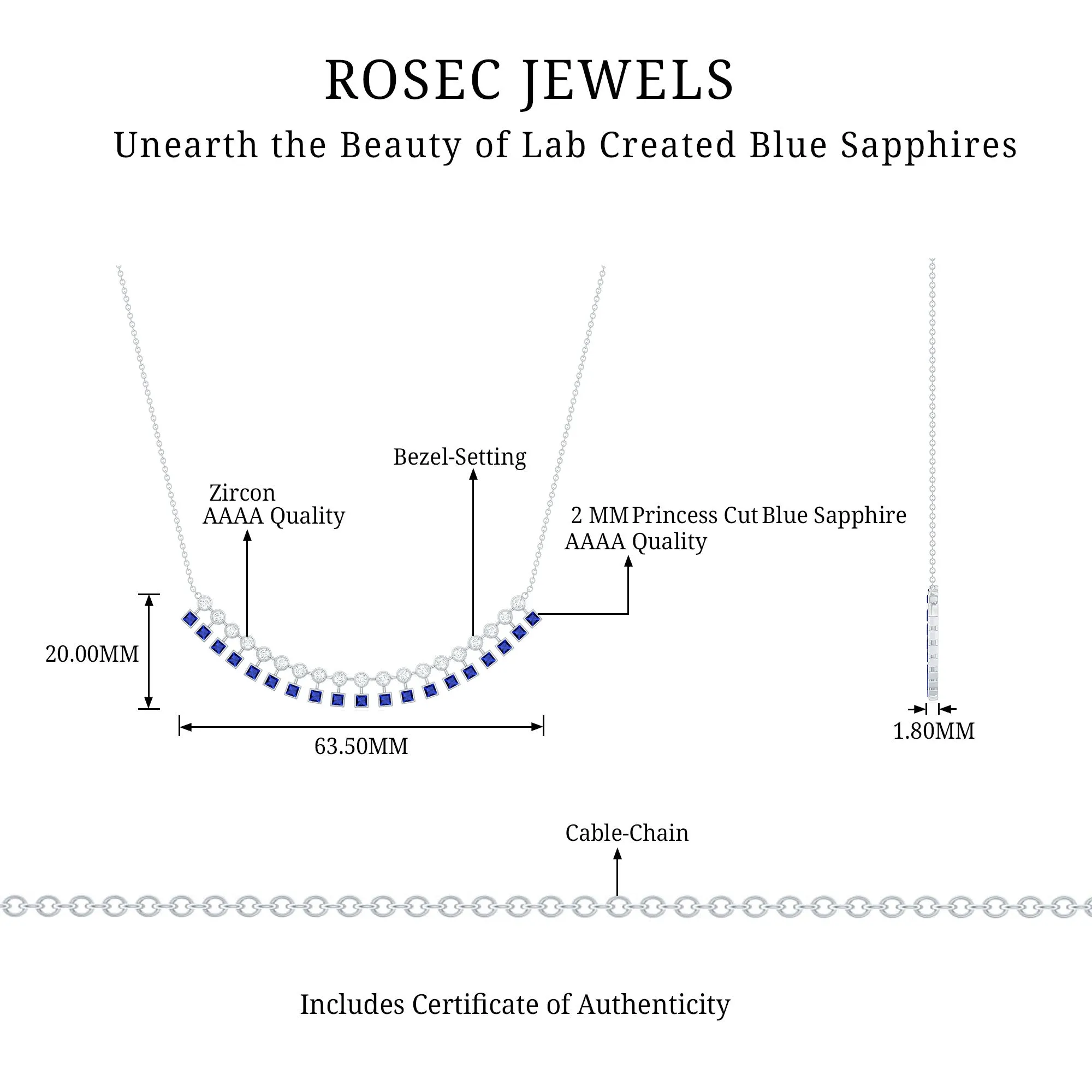 Princess Cut Created Blue Sapphire Statement Necklace with Zircon