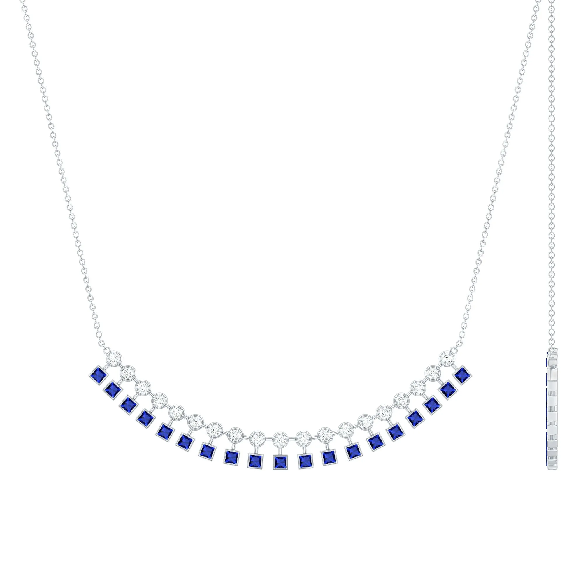Princess Cut Created Blue Sapphire Statement Necklace with Zircon