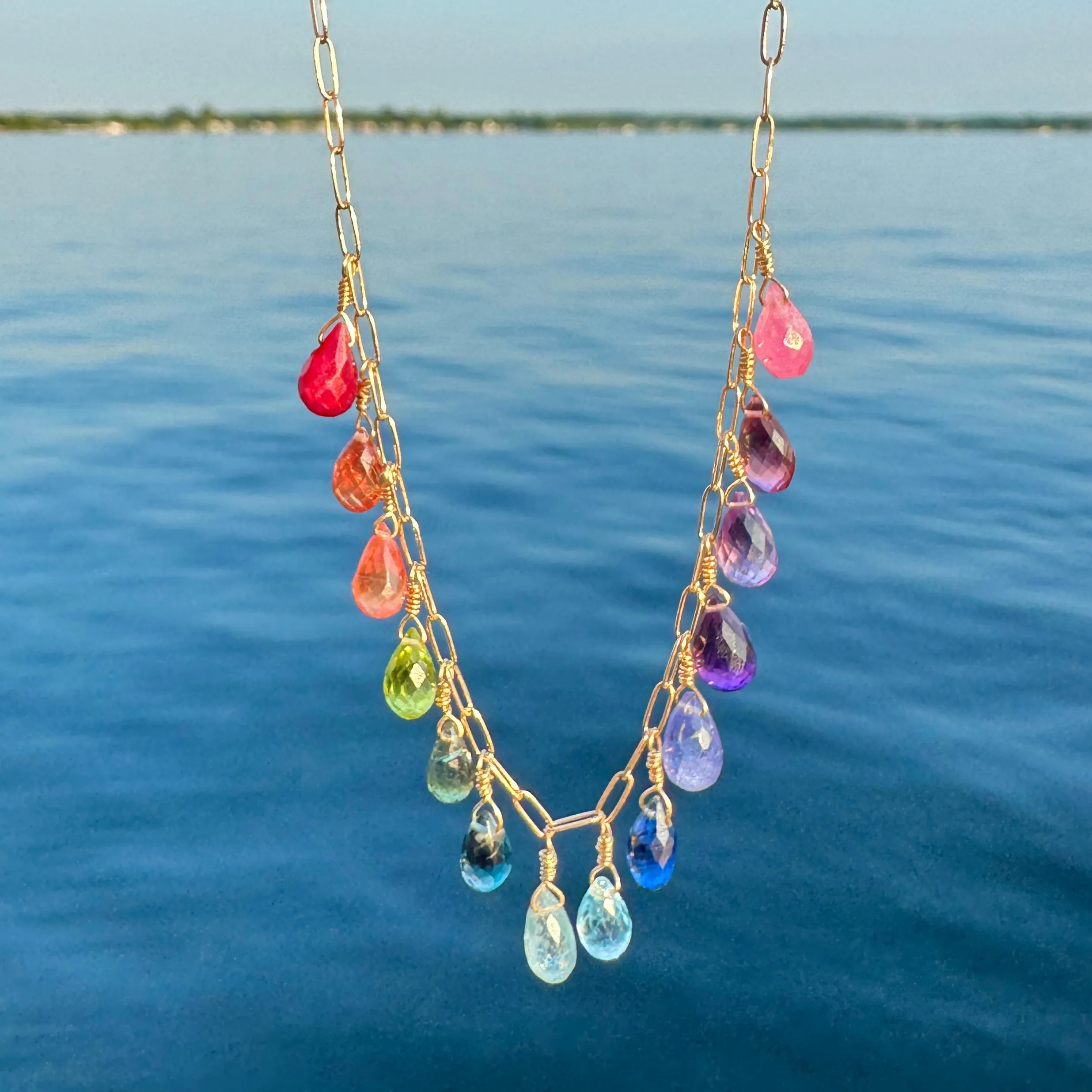 Rainbow Gemstone Multidrop Necklace on Fine Paperclip Chain