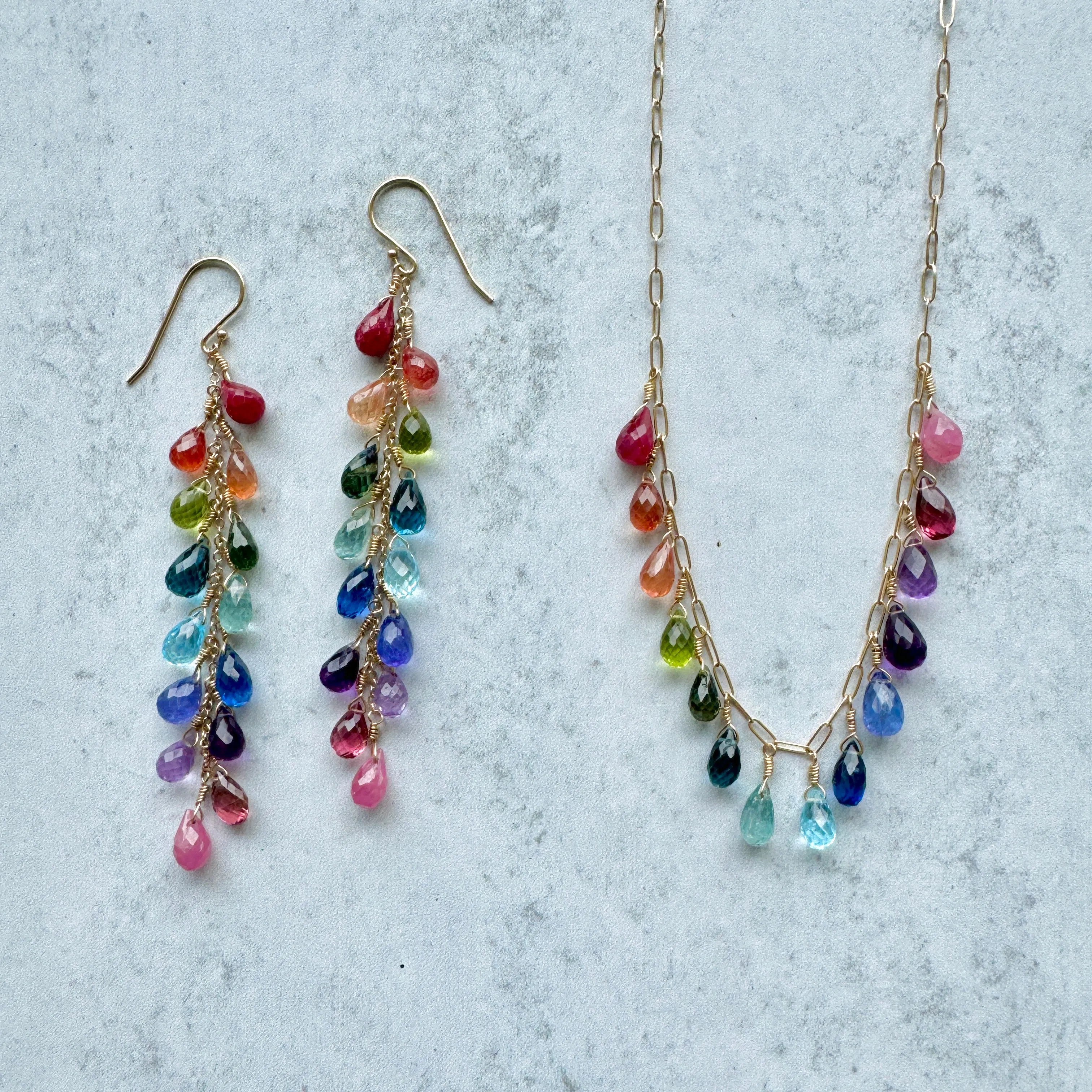 Rainbow Gemstone Multidrop Necklace on Fine Paperclip Chain