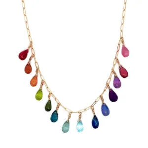 Rainbow Gemstone Multidrop Necklace on Fine Paperclip Chain