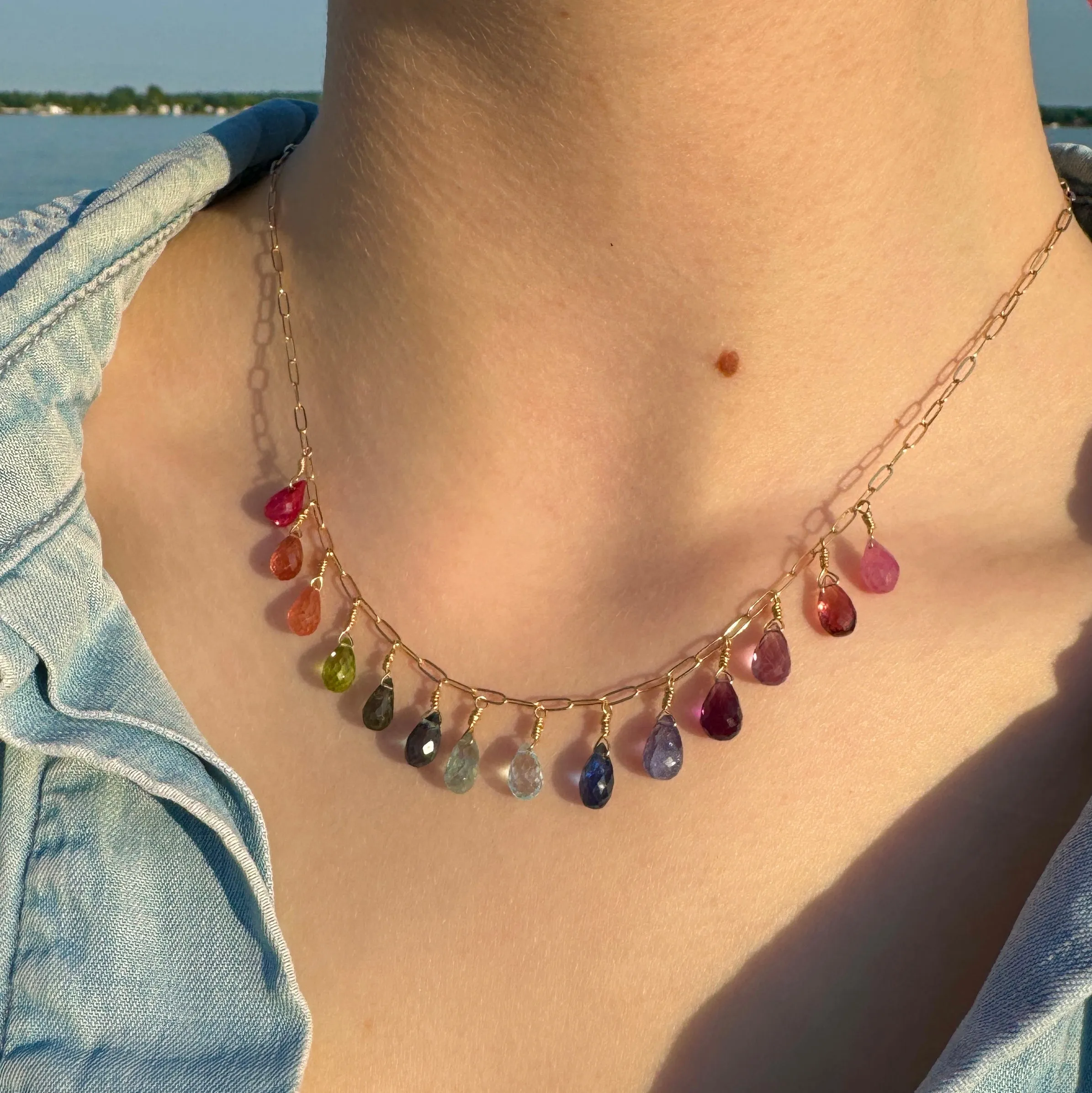 Rainbow Gemstone Multidrop Necklace on Fine Paperclip Chain