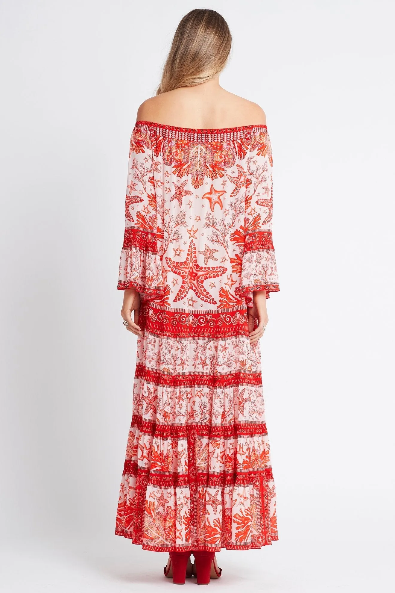 RED CORAL OFF SHOULDER MAXI DRESS