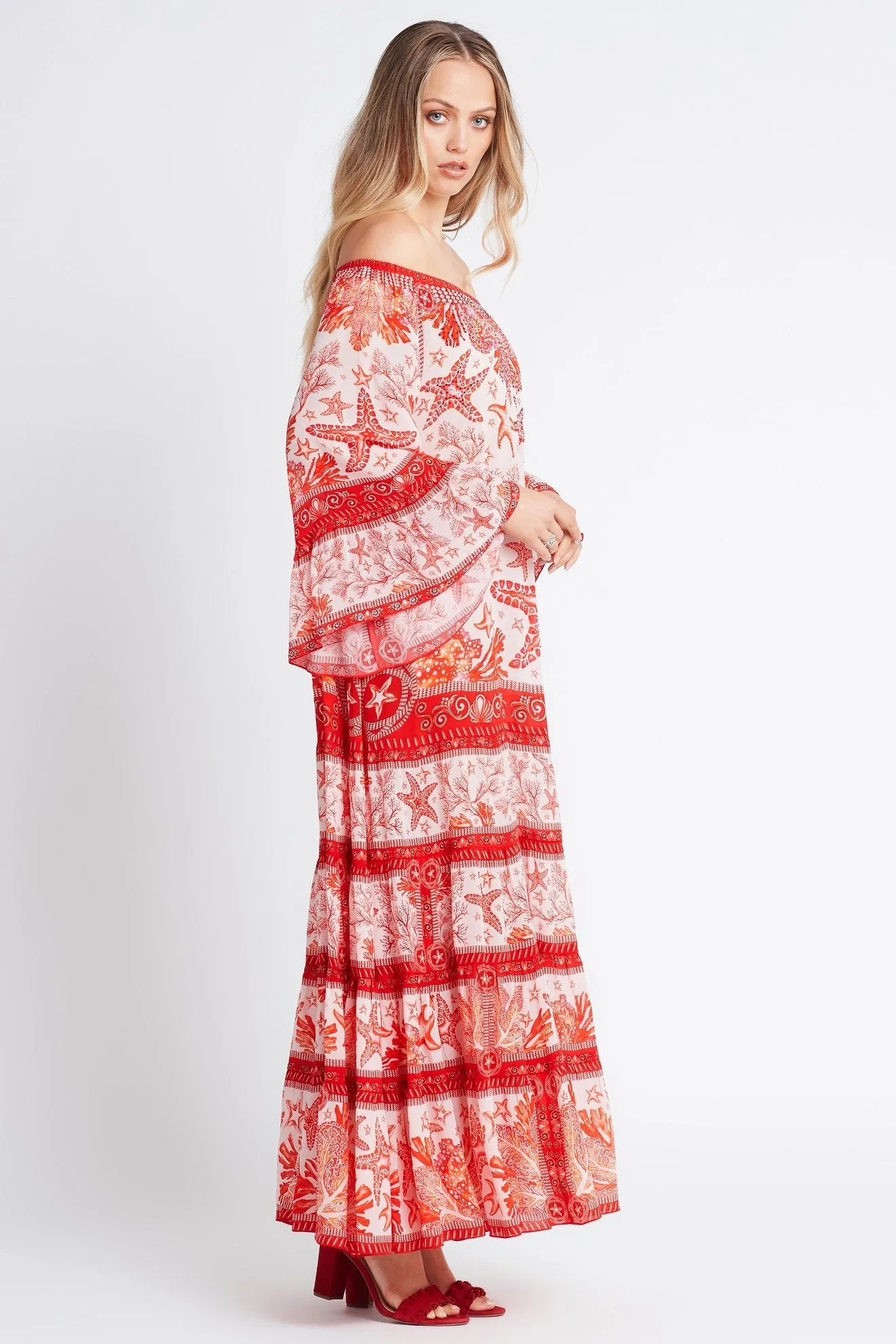 RED CORAL OFF SHOULDER MAXI DRESS