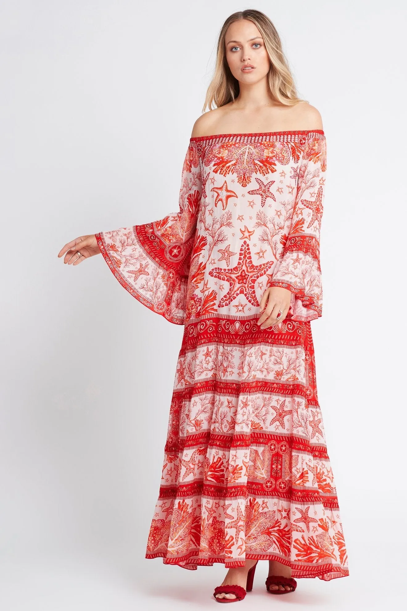 RED CORAL OFF SHOULDER MAXI DRESS