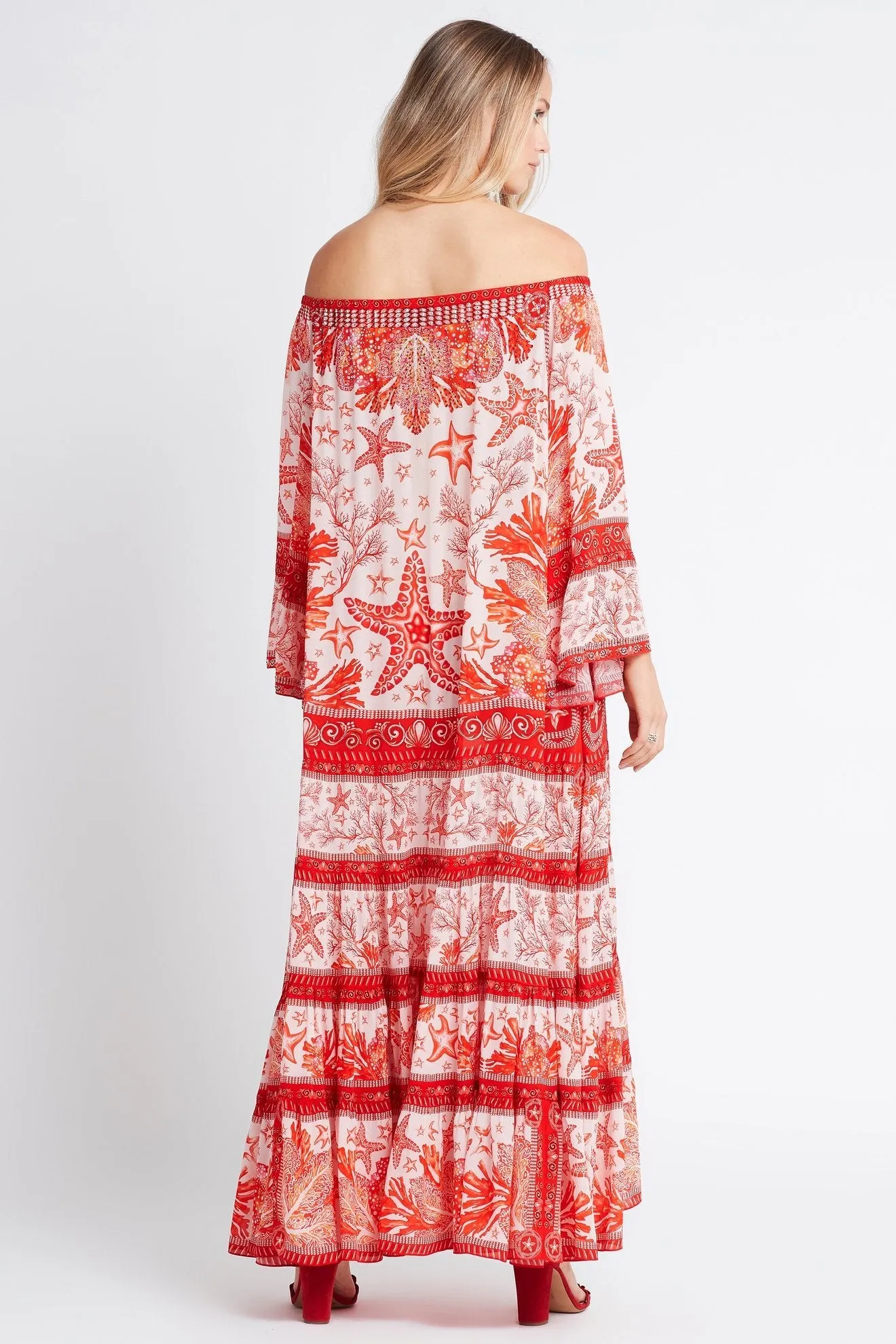 RED CORAL OFF SHOULDER MAXI DRESS