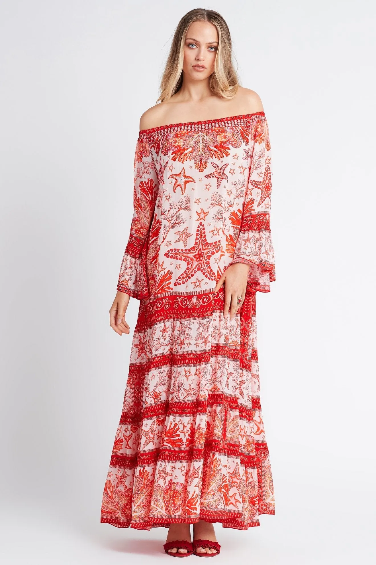 RED CORAL OFF SHOULDER MAXI DRESS