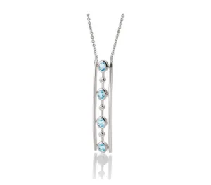 Rhodium Plated Sterling Silver Bezel Swiss Blue Topaz & Bezel White Sapphire Vertical Bar Necklace (I8897)