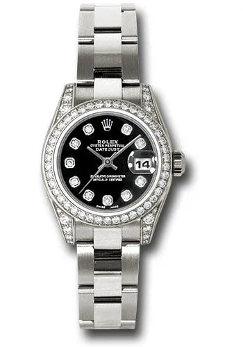 Rolex White Gold Lady-Datejust 26mm - 42 Diamond Bezel - Black Diamond Dial - Oyster Bracelet - 179159 bkdo