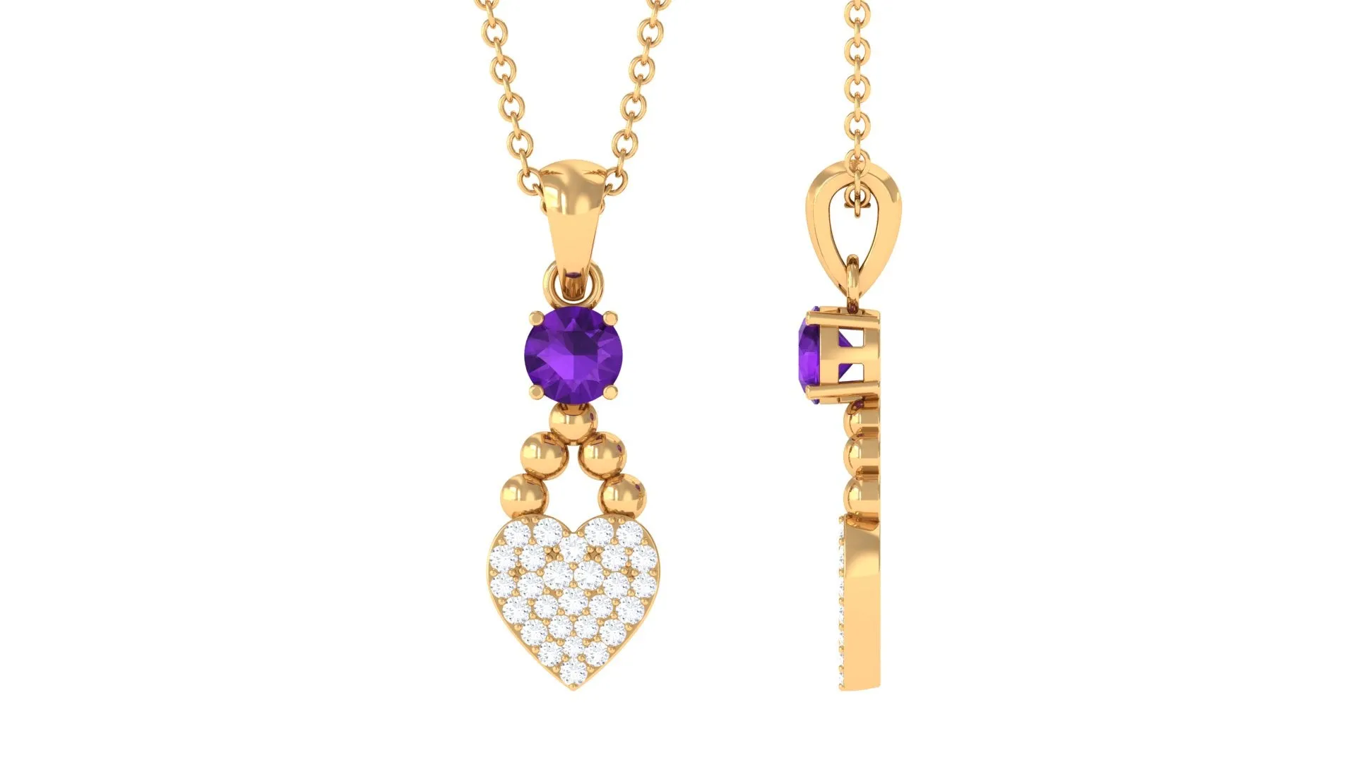 Round Shape Amethyst and Diamond Heart Pendant