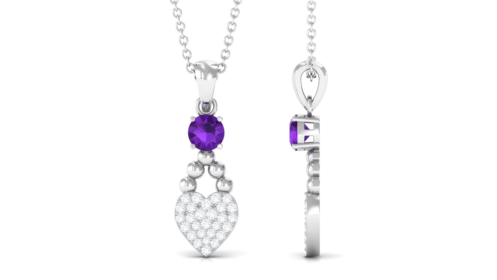 Round Shape Amethyst and Diamond Heart Pendant