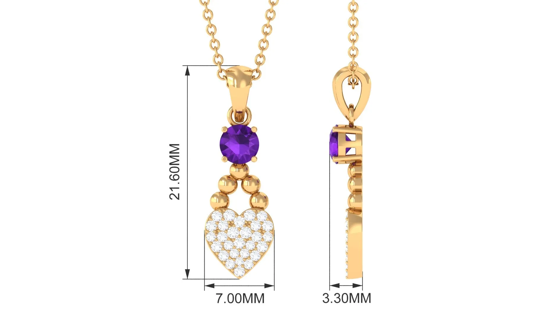 Round Shape Amethyst and Diamond Heart Pendant