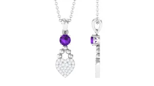 Round Shape Amethyst and Diamond Heart Pendant