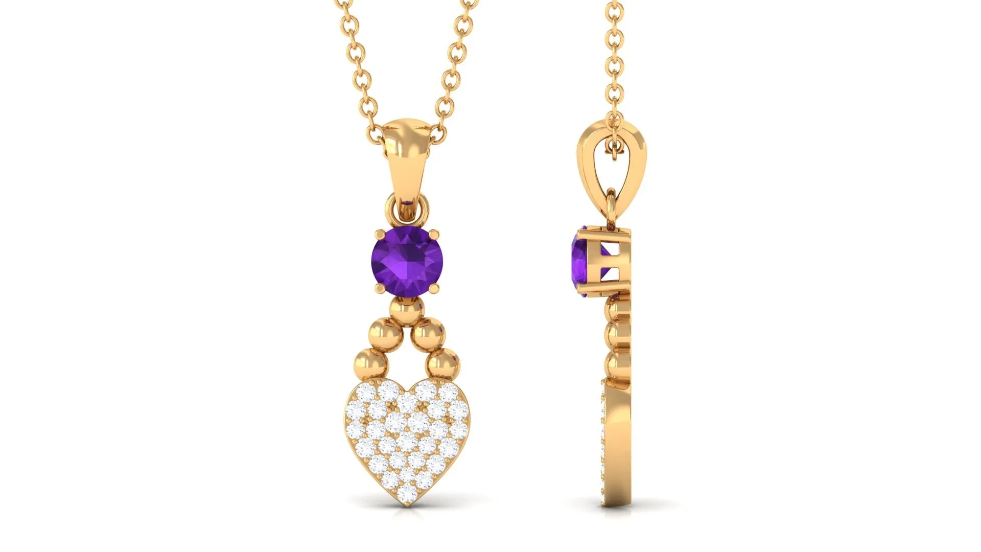 Round Shape Amethyst and Diamond Heart Pendant