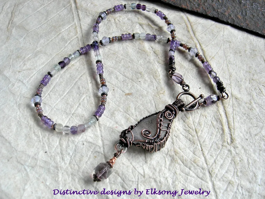 Sea Glass Wing Necklace, Copper Wire Wrap, Amethyst & Fluorite