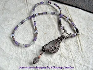 Sea Glass Wing Necklace, Copper Wire Wrap, Amethyst & Fluorite